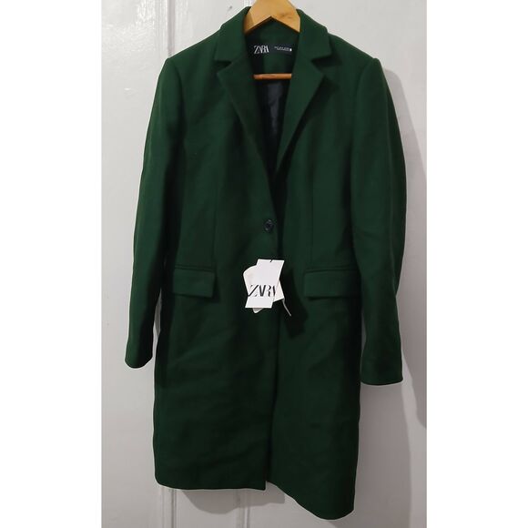 Zara womens DARK SEAWEED EMERALD GREEN ITALIAN MANTECO WOOL coat - Picture 1 of 11